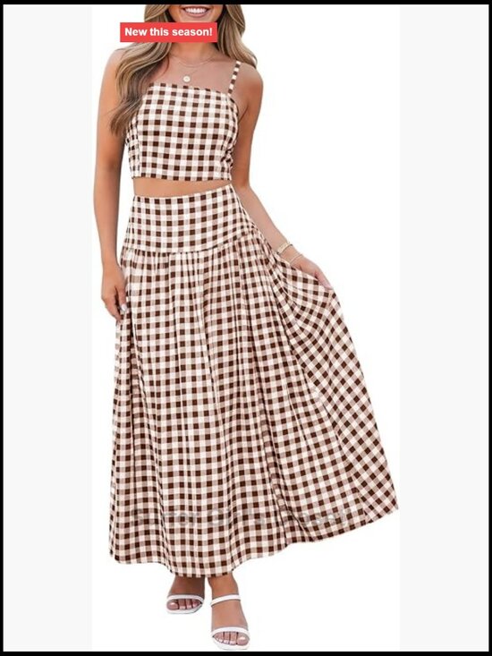 Dresses & Skirts - Women's 2-Piece Gingham Crop Top and Midi Skirt Set Summer Vacation Outfit